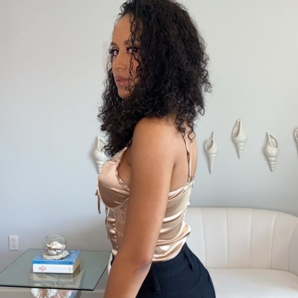 Champagne Satin Lace tie up front bodysuit - Picture 2 of 7